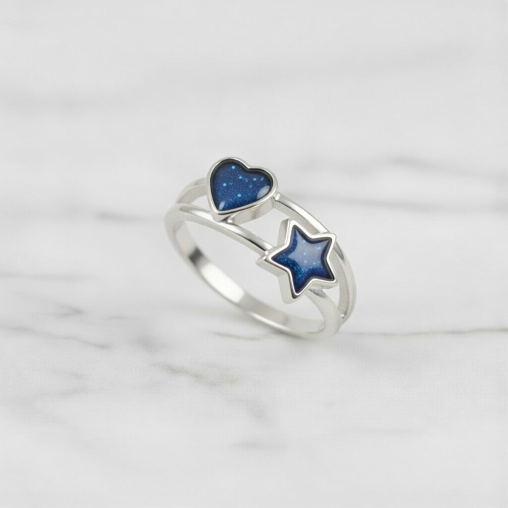 Anillo con Cenizas en Corazón y Estrella de Plata de Ley