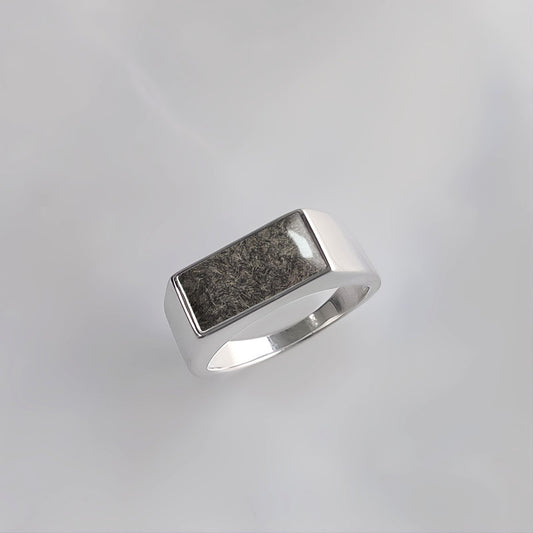 Anillo con pelo de perro o gato en la gema rectangular del sello de plata