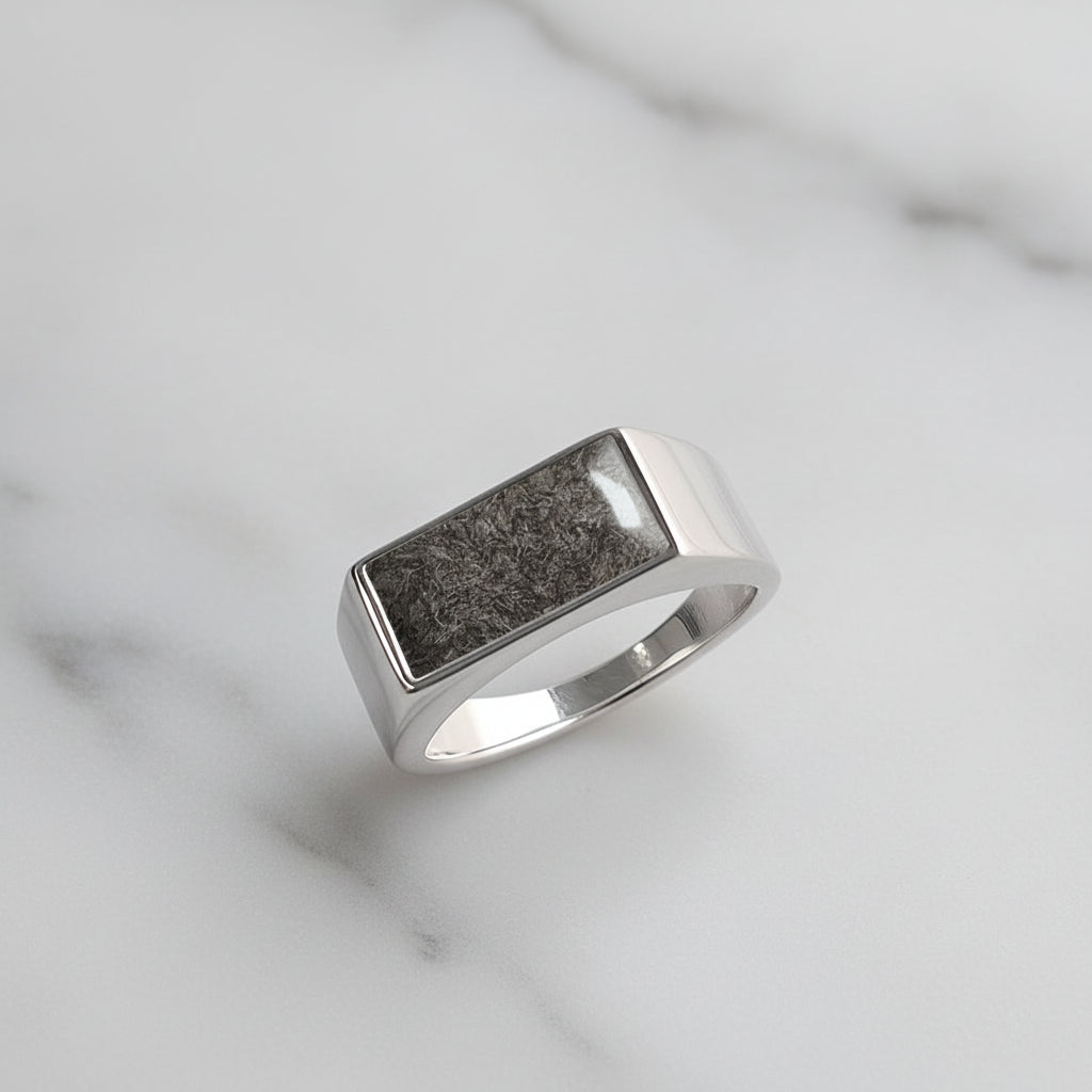 Anillo con pelo de perro o gato en la gema rectangular del sello de plata