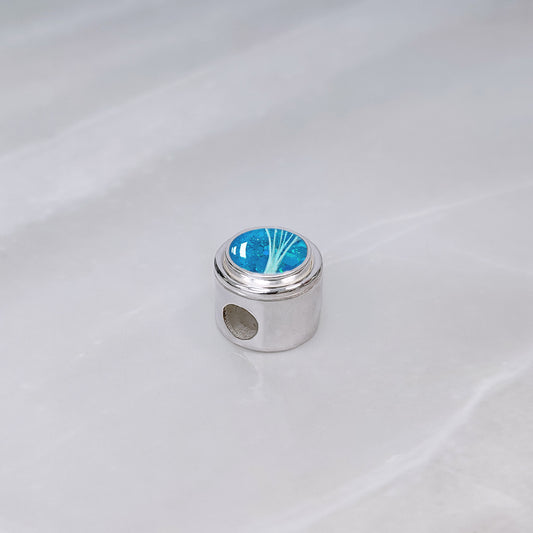 Charm de Plata con Pelo de Mascota en Círculo y Fondo Brillante.