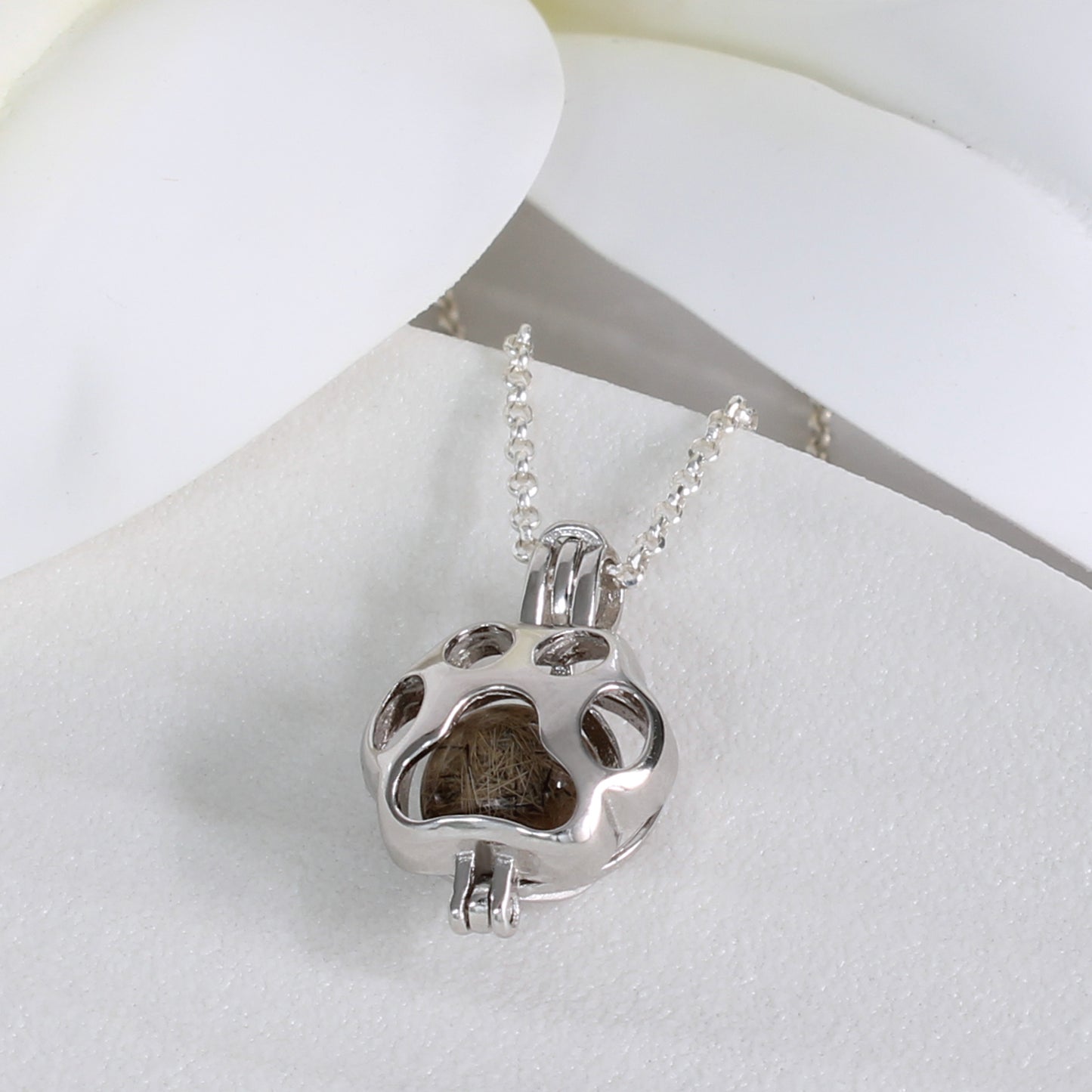 Colgante con Pelo de Mascota en Esfera dentro de Jaula Huella de Plata