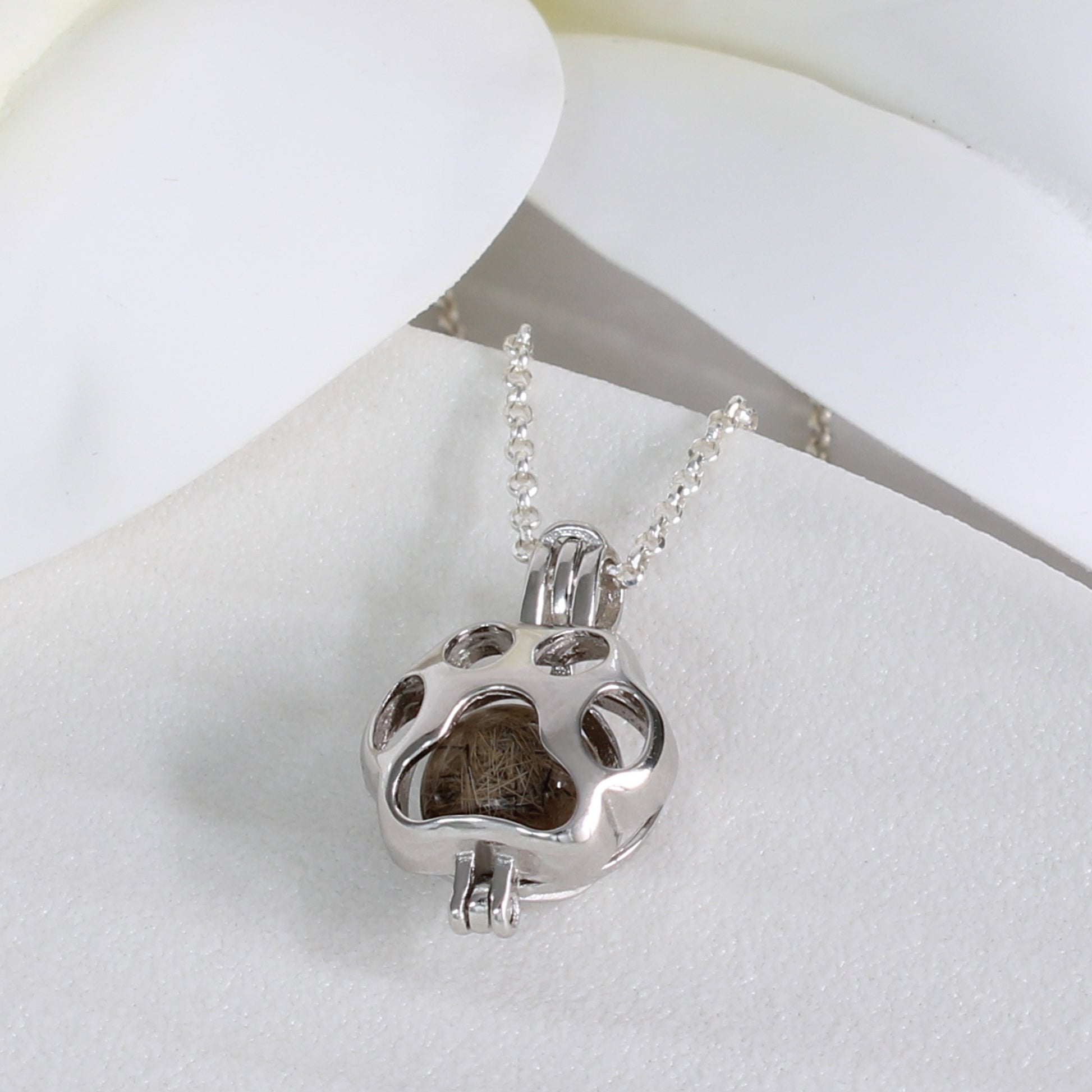 Colgante con Pelo de Mascota en Esfera dentro de Jaula Huella de Plata