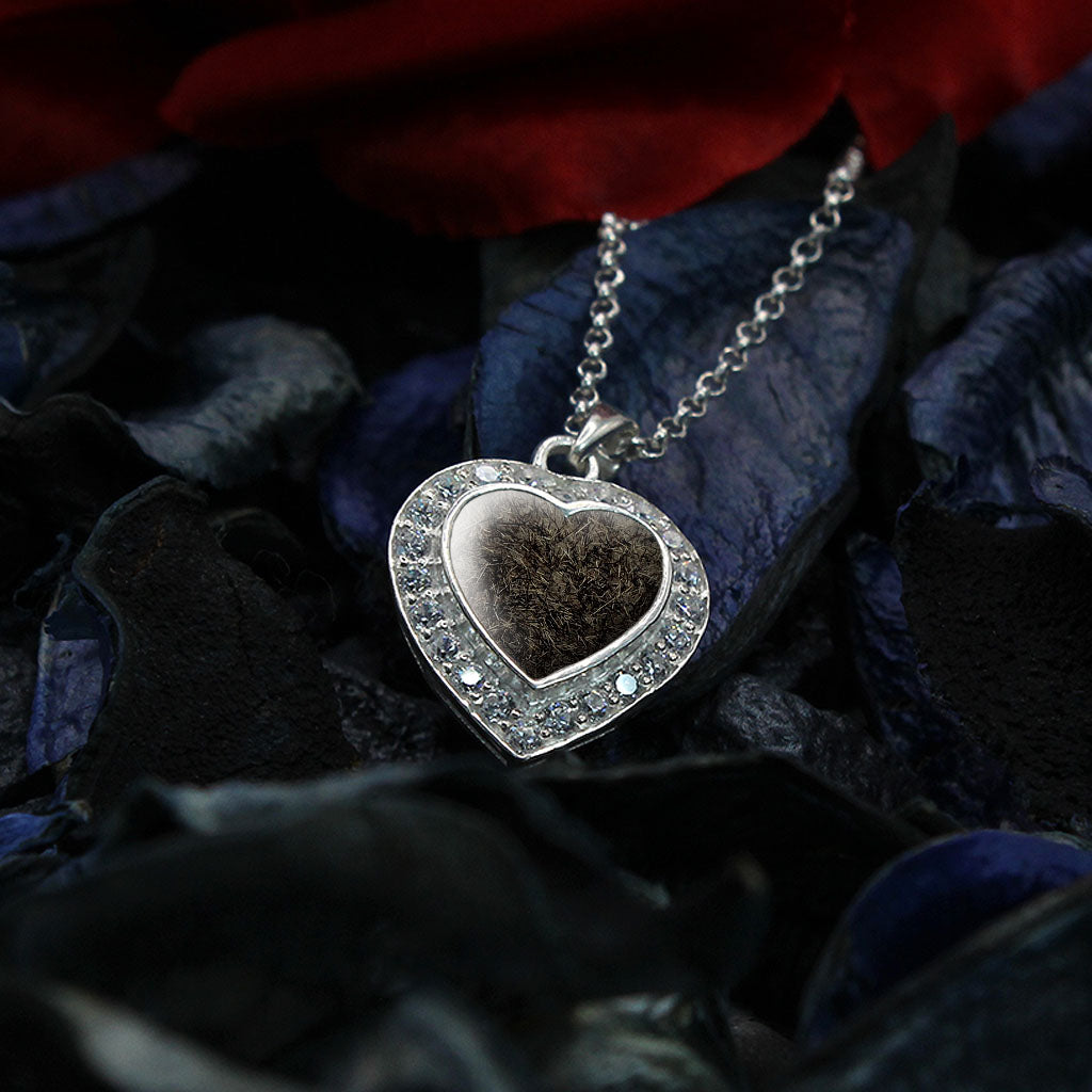 Colgante con pelo de mascota dentro de corazón de plata con circonitas alrededor.
