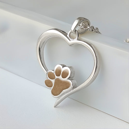 Colgante de plata · Corazón y huella de pelo de tu mascota