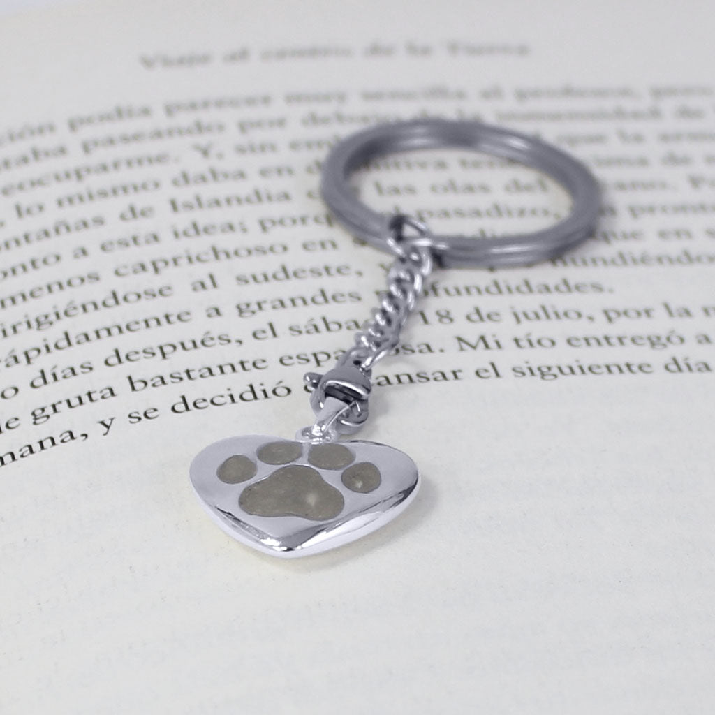 Colgante de plata con cenizas de mascota dentro de huella incrustada.