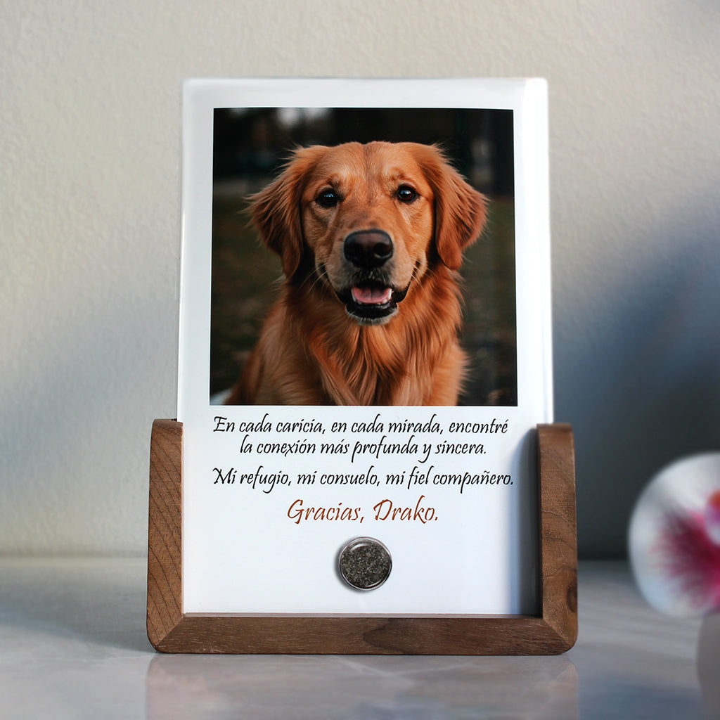 Placa con Cenizas o Pelo de Mascota sobre Fotografía en Marco de Madera Abierto en su Parte Superior