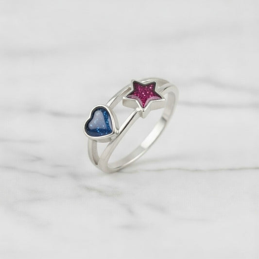 Anillo con Cenizas en Corazón y Estrella de Plata 