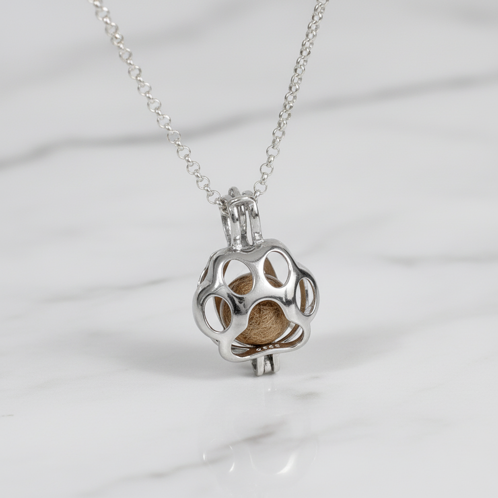 Colgante con Esfera de Pelo de Mascota dentro de Jaula de Plata en forma de Huella