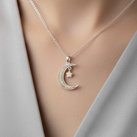 Colgante con Pelo de tus Mascotas en Luna y Estrella de Plata