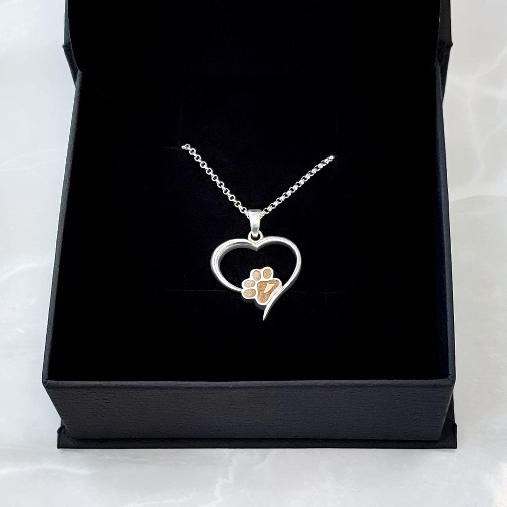 Colgante de plata · Corazón y huella de pelo de tu mascota